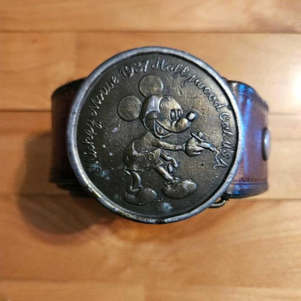 Tiffany & Co. Leather Belt with Antique Silver Mickey Medallion